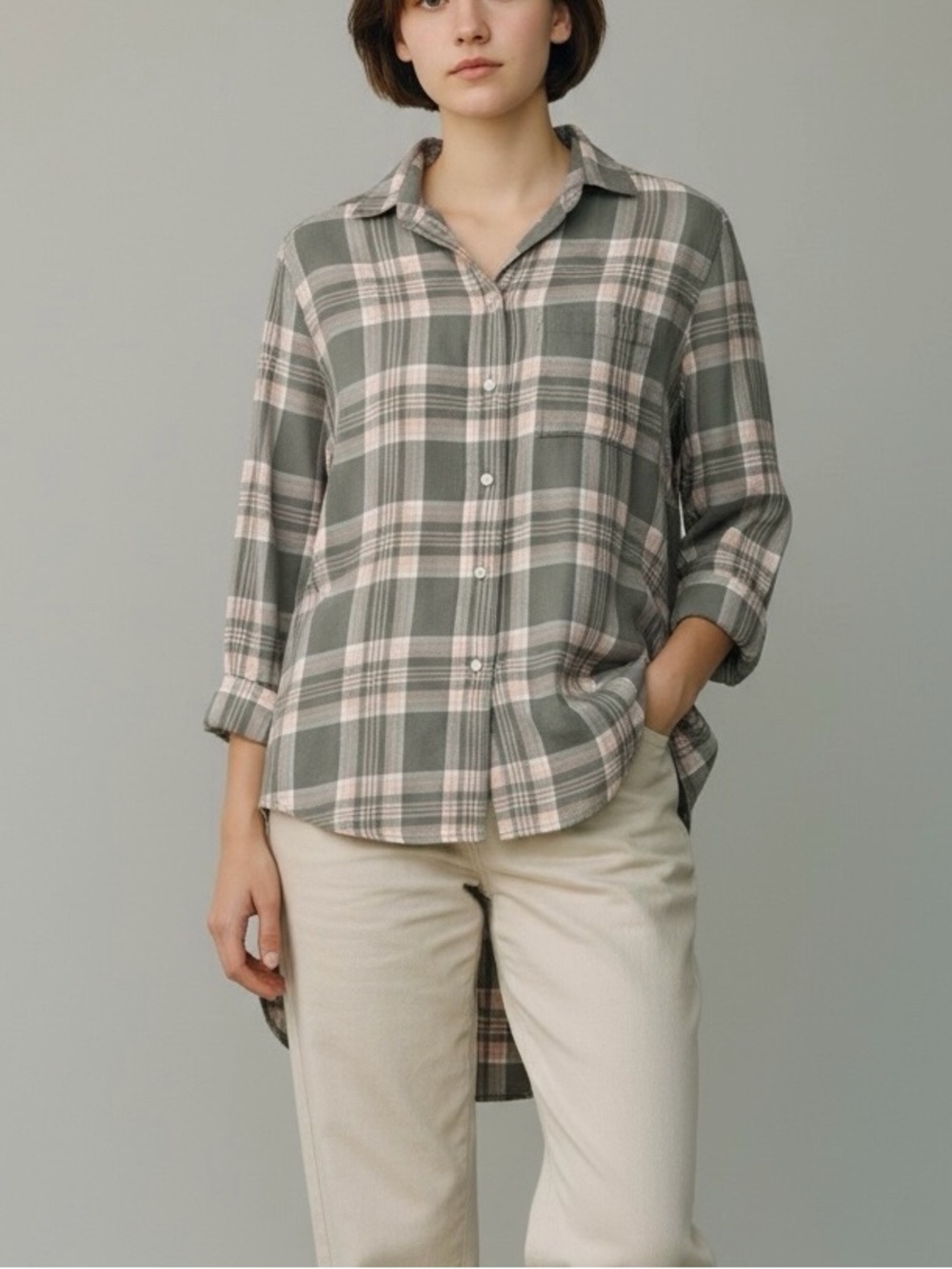 Lucky Brand Los Angeles Gray and Pink Plaid Button-Down Flannel Shirt Oversized